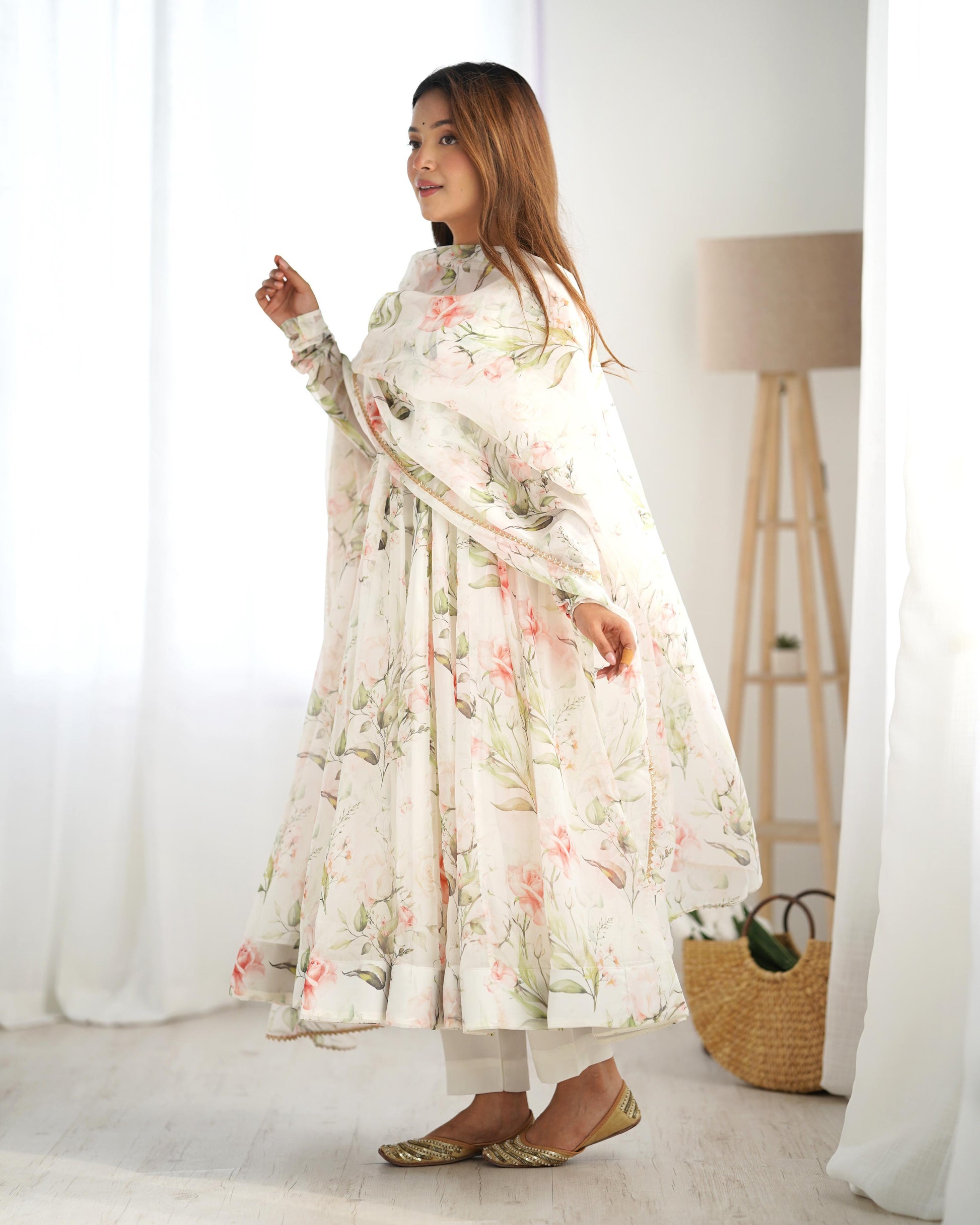 Fabulous White Pure Organza Silk Floral Printed Anarkali Pant Suit - INDIAN ELEGANCE