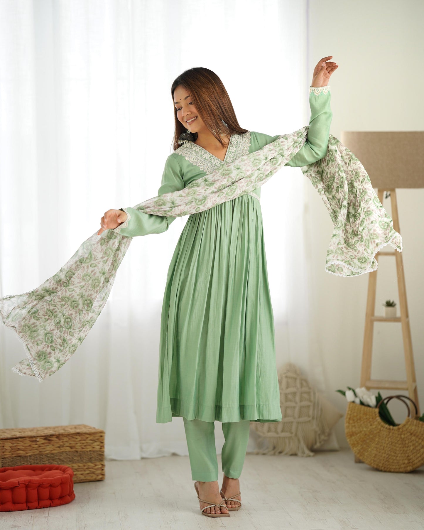Elegant Pista Green Nyra Cut Roman Silk Anarkali Pant Suit - INDIAN ELEGANCE