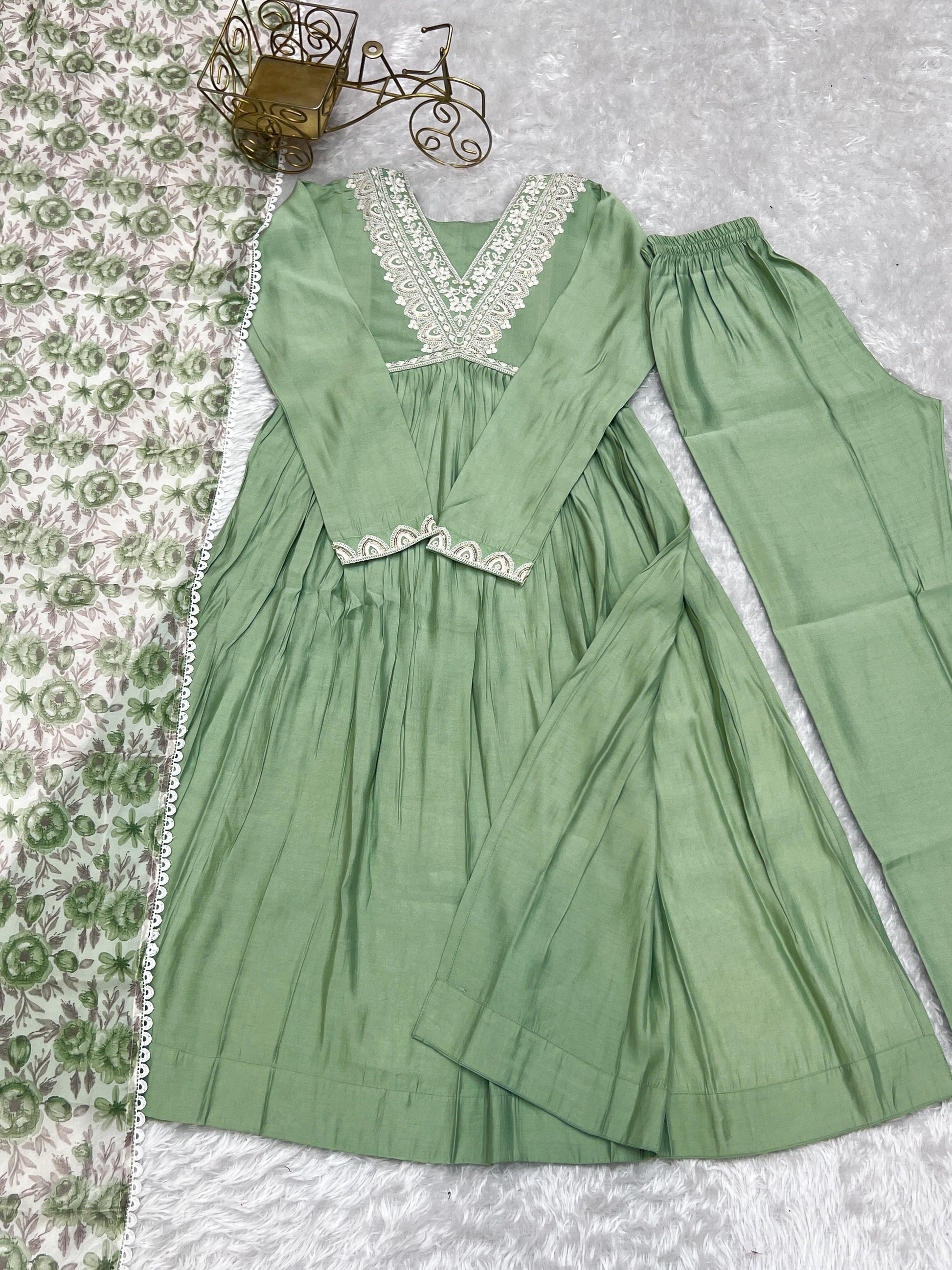 Elegant Pista Green Nyra Cut Roman Silk Anarkali Pant Suit - INDIAN ELEGANCE