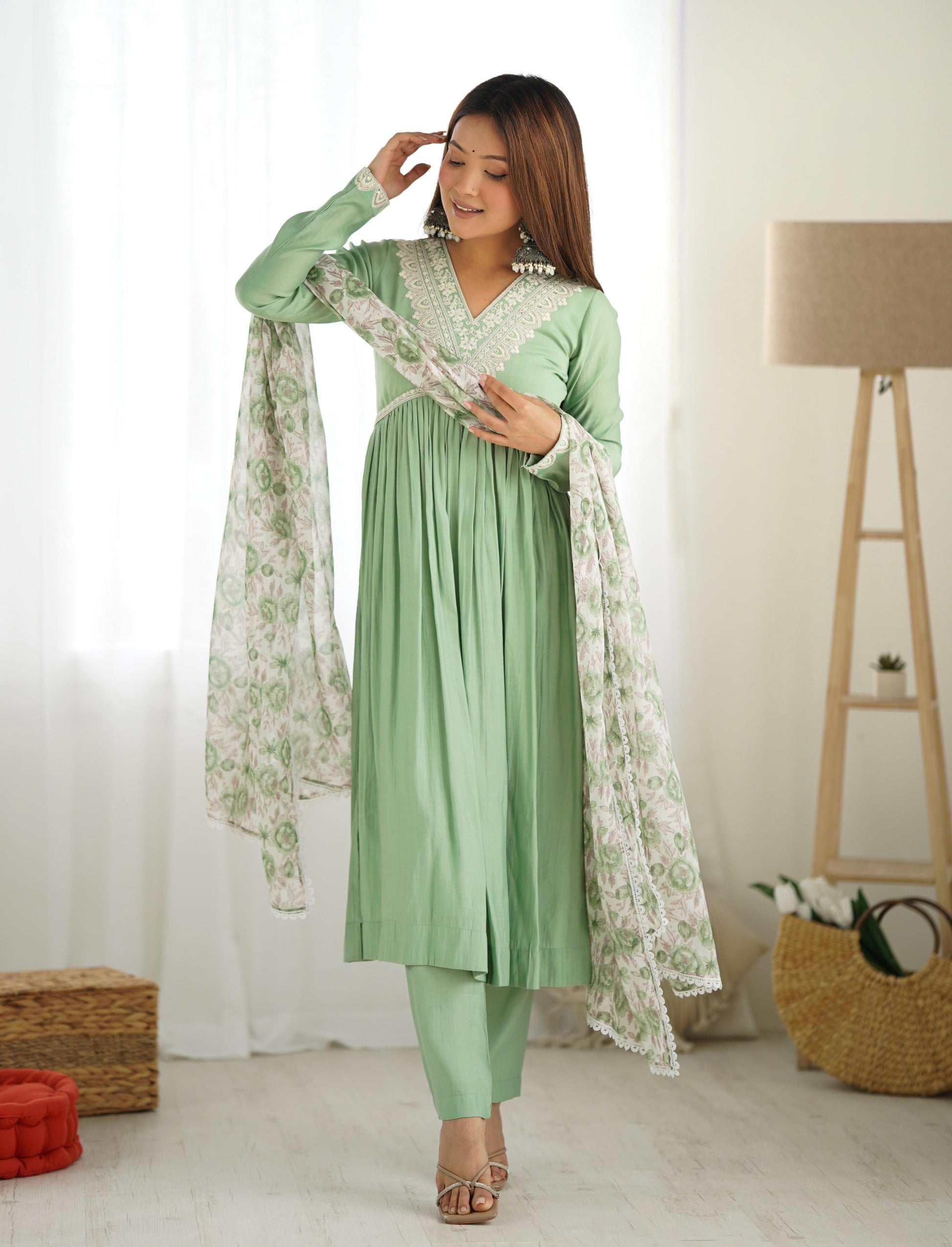 Elegant Pista Green Nyra Cut Roman Silk Anarkali Pant Suit - INDIAN ELEGANCE