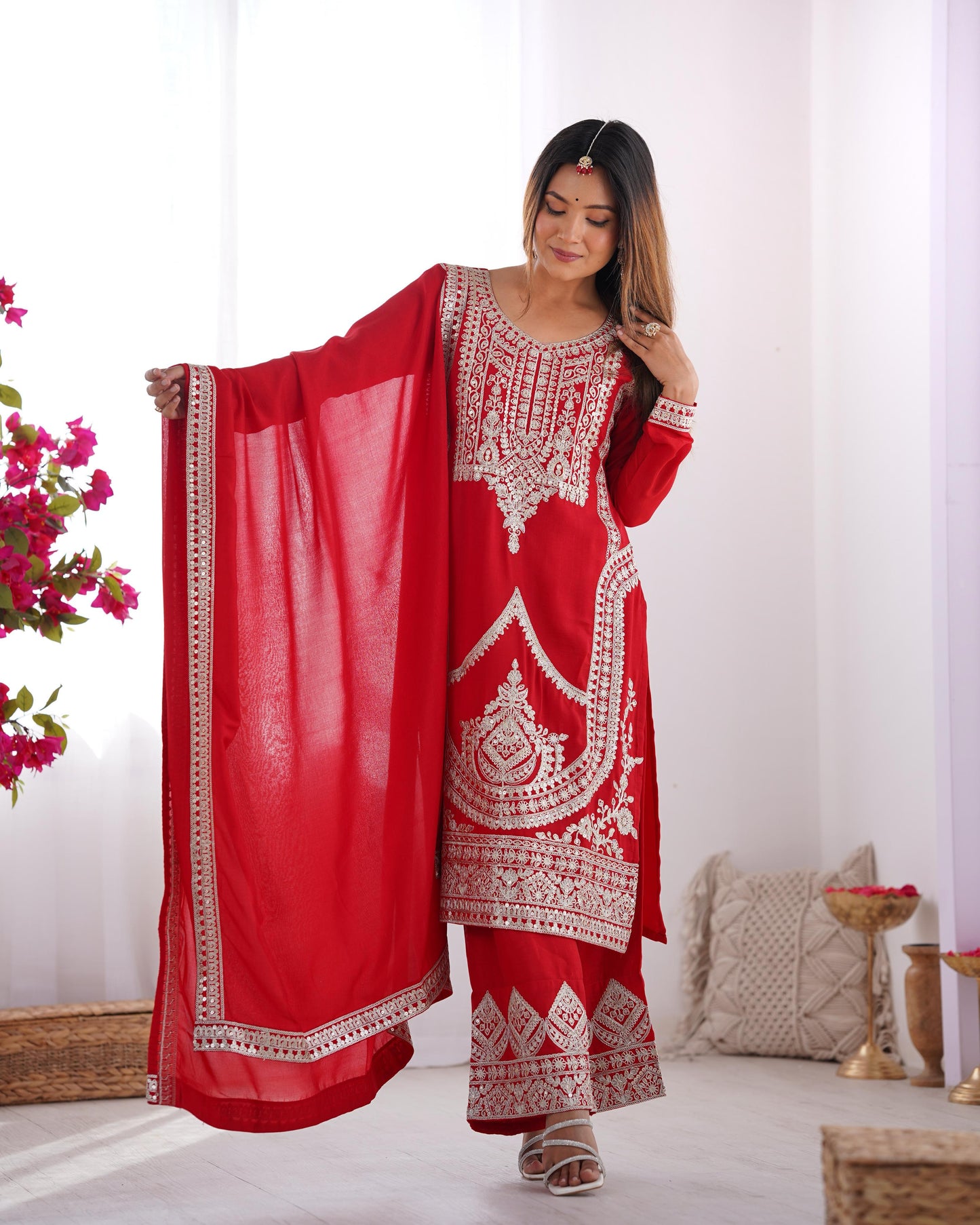 Elegant Vichitra Silk Kurta Set with Dupatta & Pant