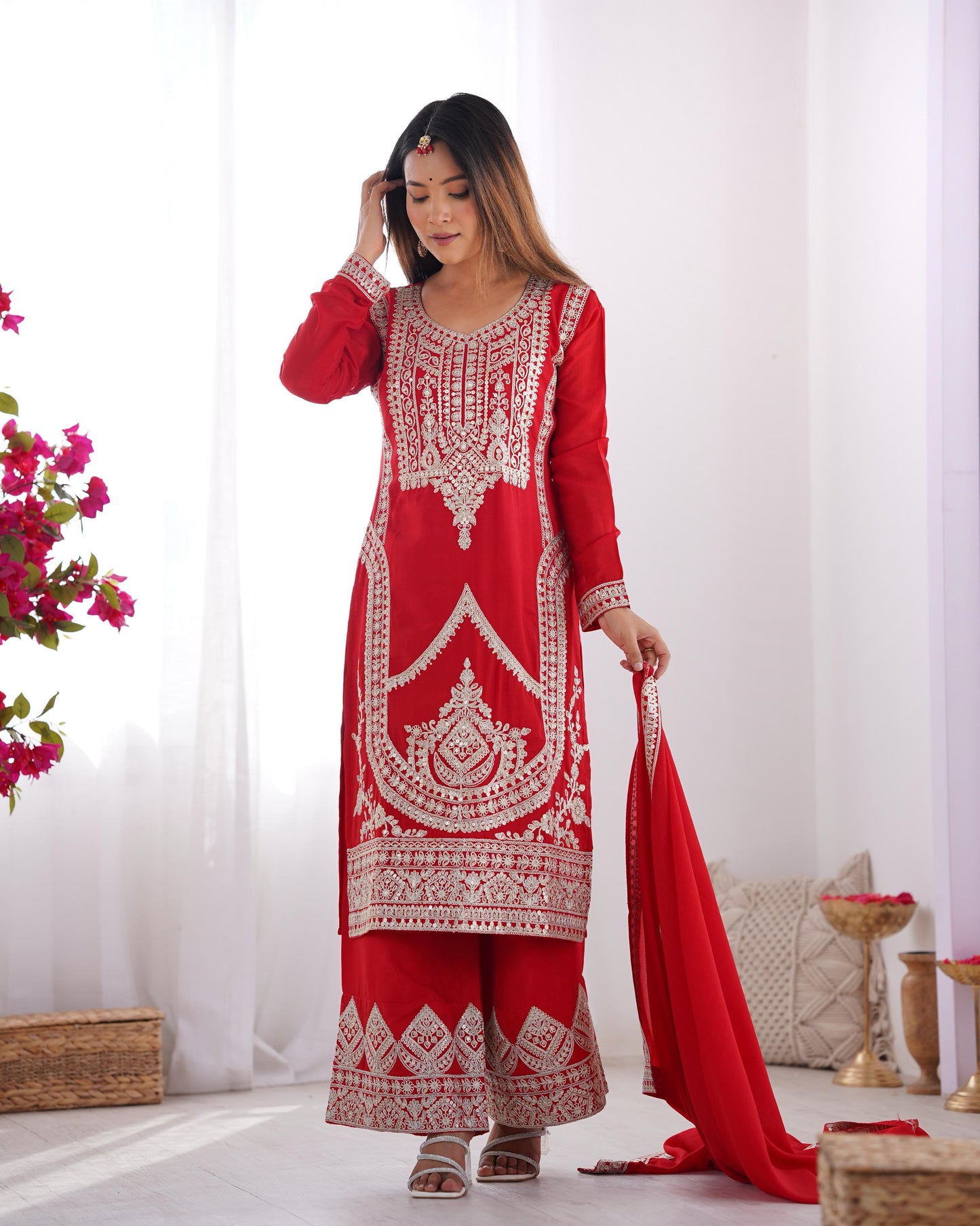 Elegant Vichitra Silk Kurta Set with Dupatta & Pant