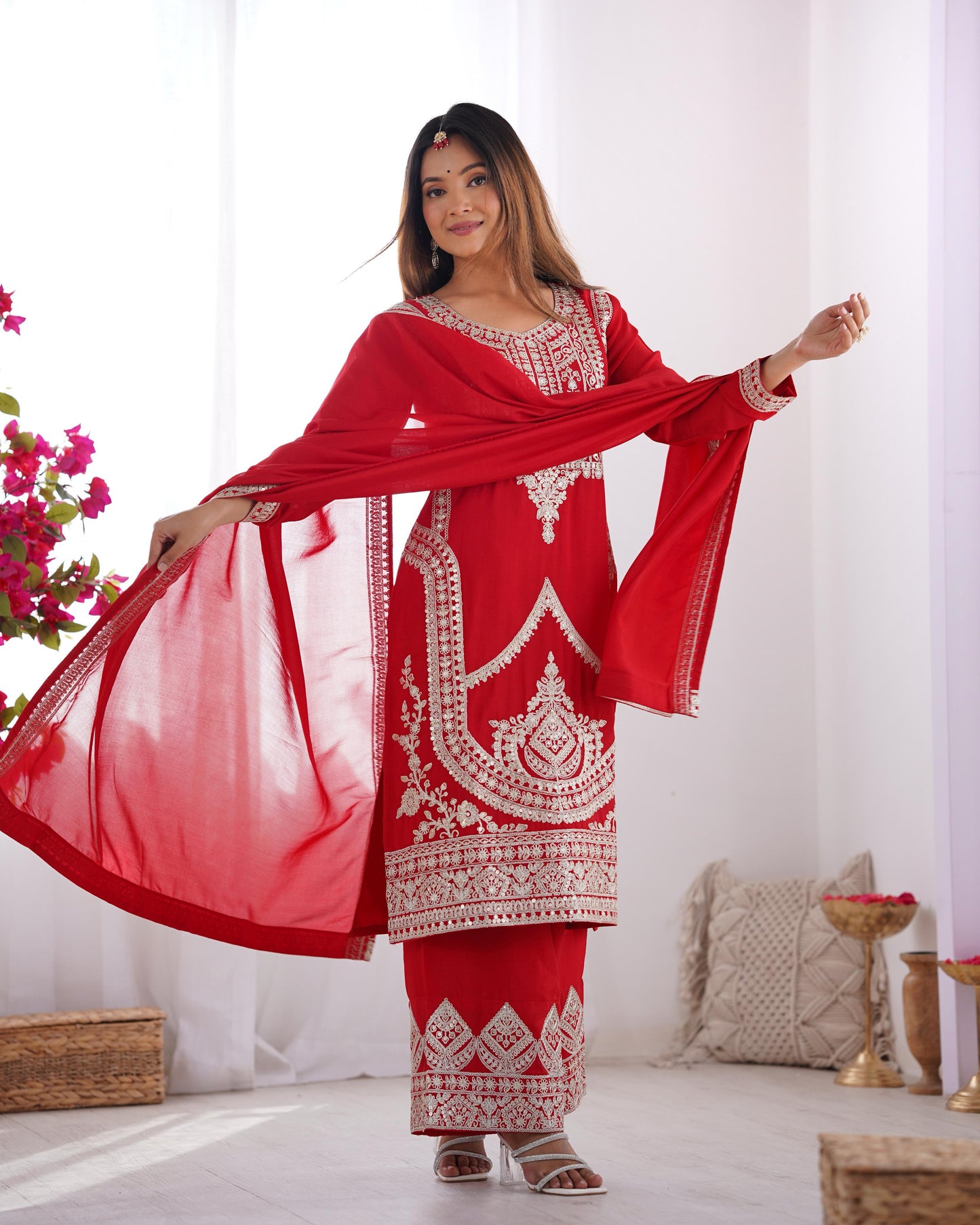 Elegant Vichitra Silk Kurta Set with Dupatta & Pant