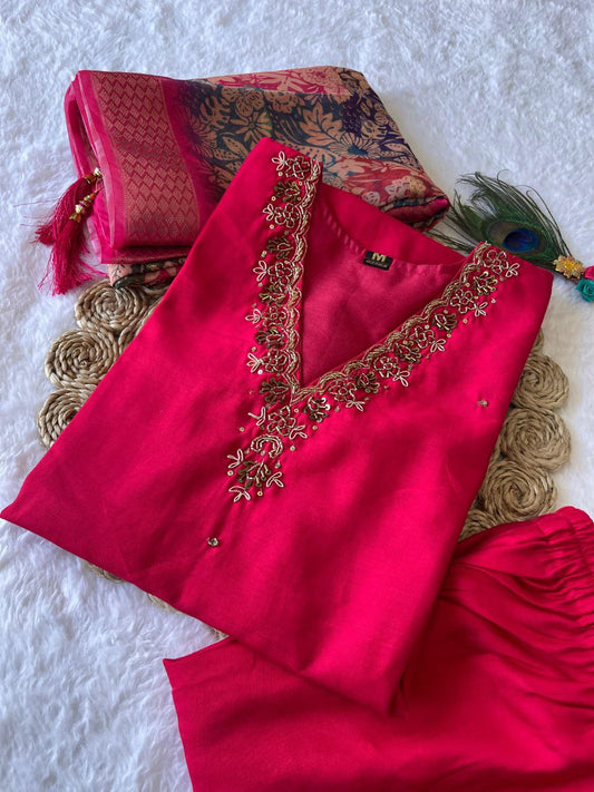 Glamorous Rasberry Roman Silk Handworked Kurta Pant Dupatta Set - INDIAN ELEGANCE