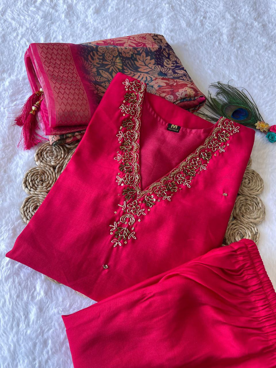 Glamorous Rasberry Roman Silk Handworked Kurta Pant Dupatta Set - INDIAN ELEGANCE
