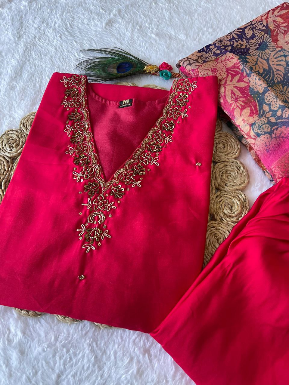 Glamorous Rasberry Roman Silk Handworked Kurta Pant Dupatta Set - INDIAN ELEGANCE