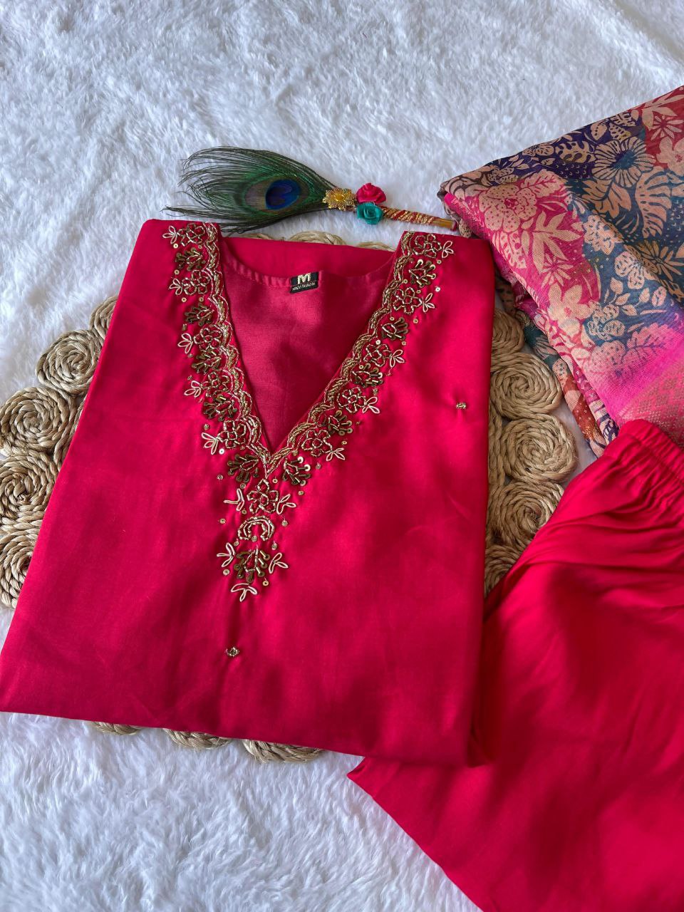 Glamorous Rasberry Roman Silk Handworked Kurta Pant Dupatta Set - INDIAN ELEGANCE