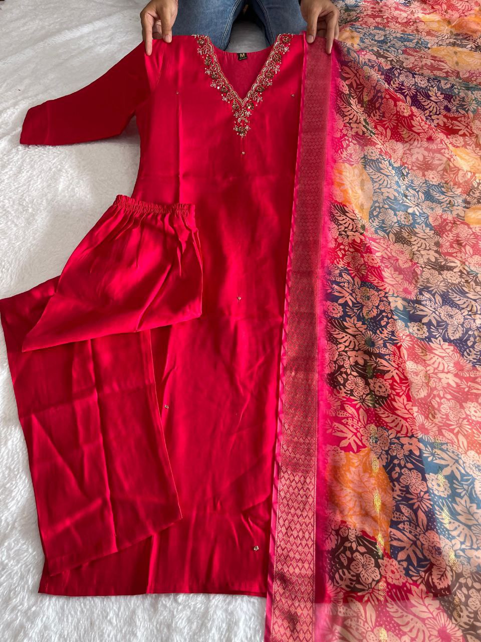 Glamorous Rasberry Roman Silk Handworked Kurta Pant Dupatta Set - INDIAN ELEGANCE