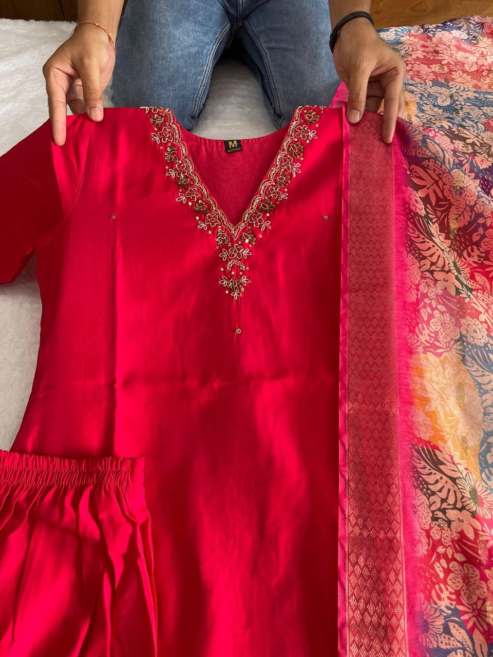 Glamorous Rasberry Roman Silk Handworked Kurta Pant Dupatta Set - INDIAN ELEGANCE
