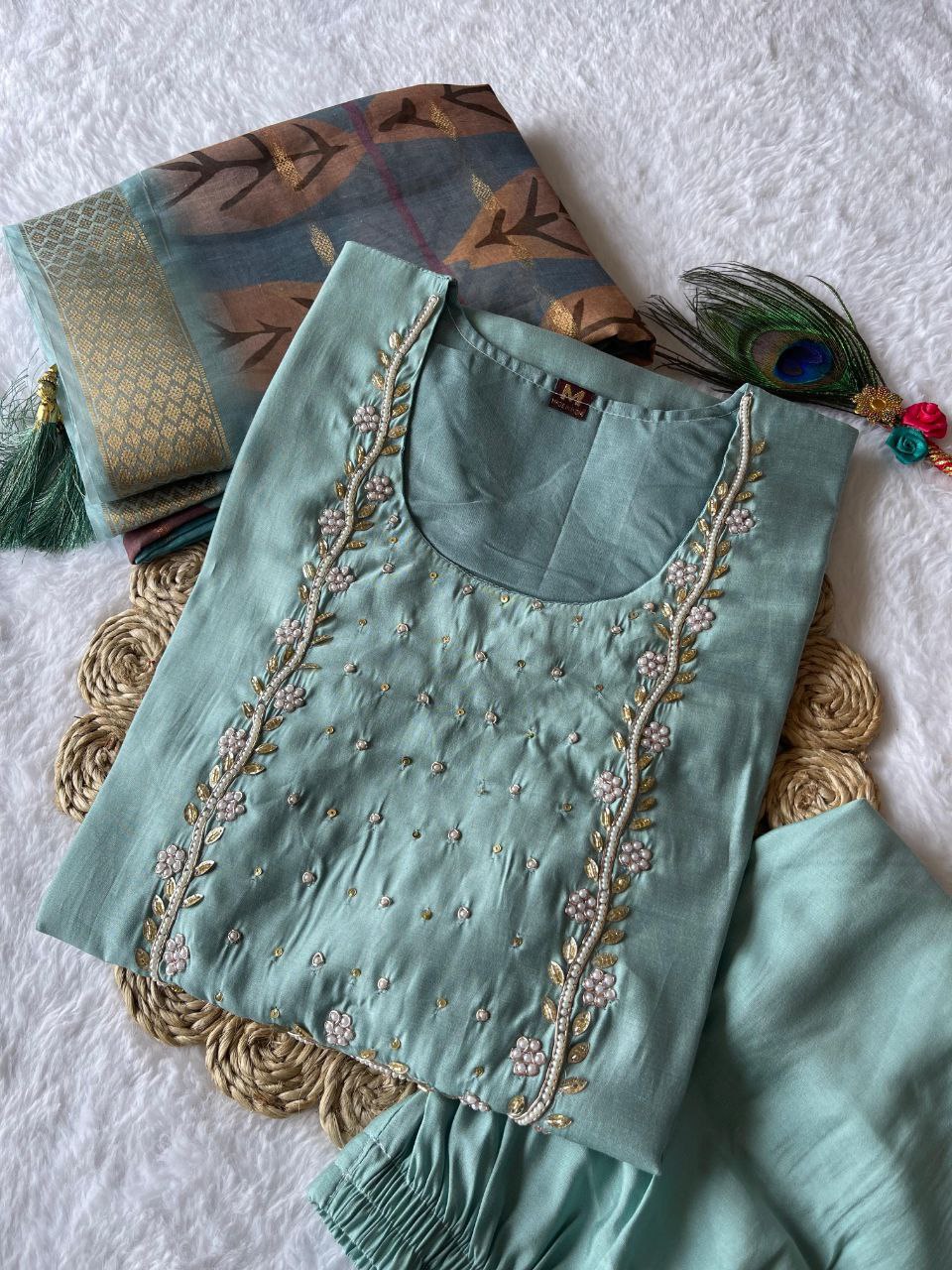 Majestic Cyan Roman Silk Handworked Kurta Pant Dupatta Set - INDIAN ELEGANCE