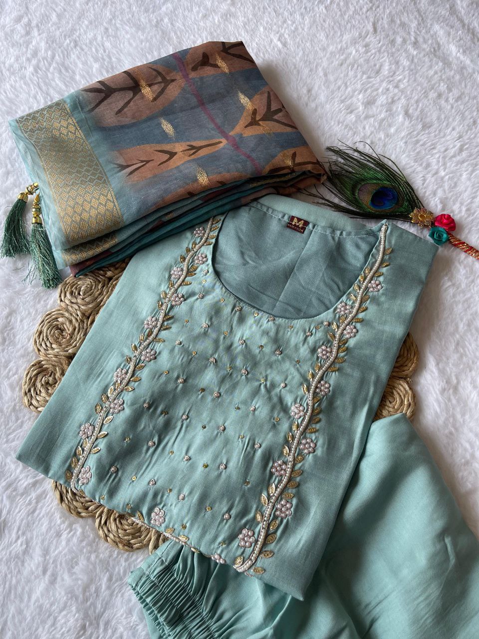 Majestic Cyan Roman Silk Handworked Kurta Pant Dupatta Set - INDIAN ELEGANCE