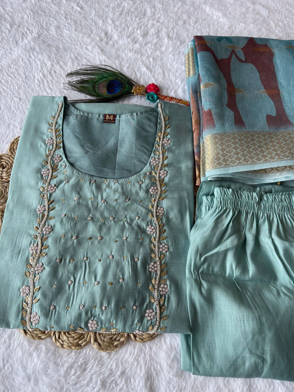 Majestic Cyan Roman Silk Handworked Kurta Pant Dupatta Set - INDIAN ELEGANCE