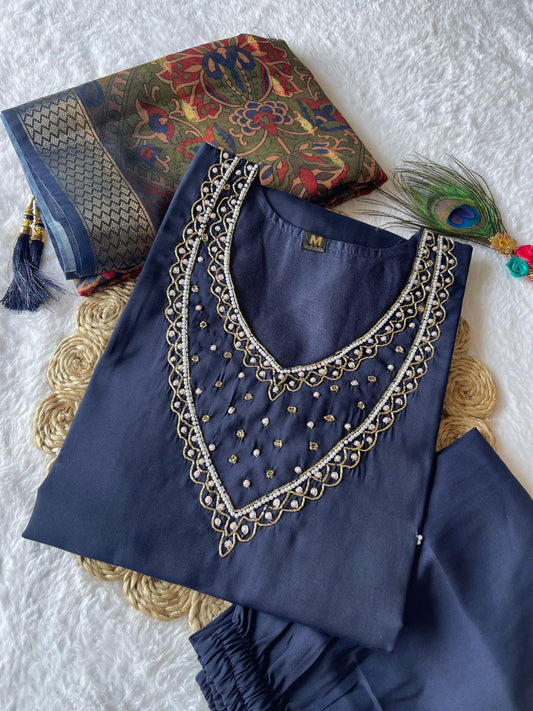 Glorious Navy Blue Roman Silk Handworked Kurta Pant Dupatta Set - INDIAN ELEGANCE