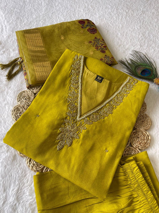 Parrot Green Roman Silk Handworked Kurta Pant Dupatta Set - INDIAN ELEGANCE