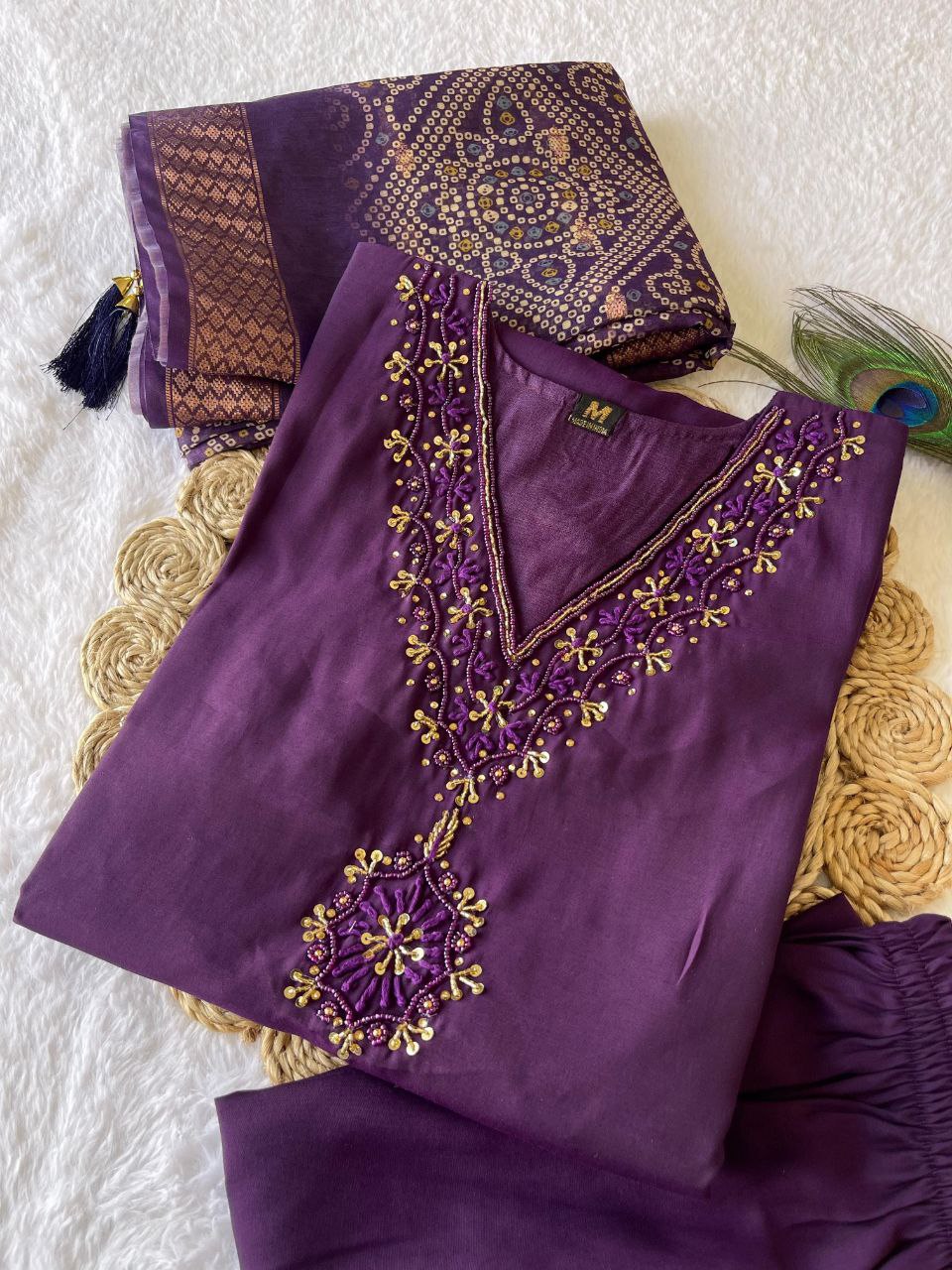 Fascinating Wine Roman Silk Handworked Kurta Pant Dupatta Set - INDIAN ELEGANCE