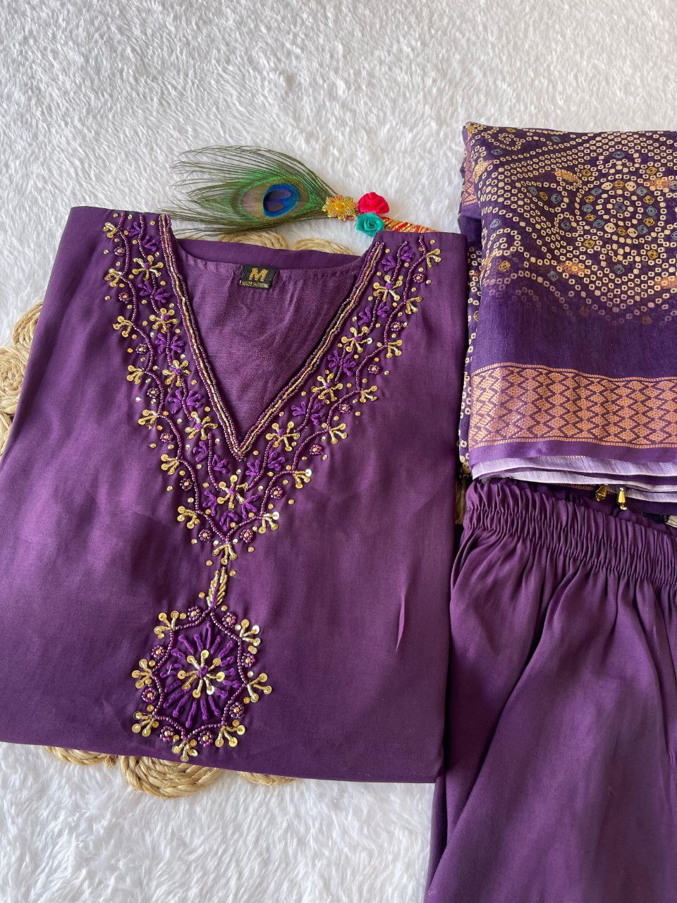 Fascinating Wine Roman Silk Handworked Kurta Pant Dupatta Set - INDIAN ELEGANCE