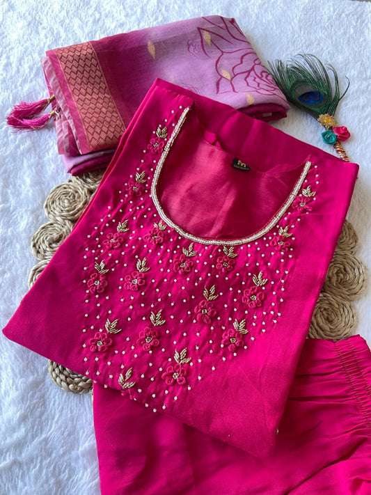 Appealing Rani Pink Roman Silk Handworked Kurta Pant Dupatta Set - INDIAN ELEGANCE
