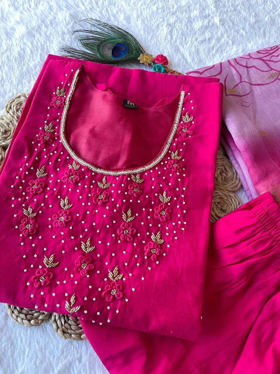 Appealing Rani Pink Roman Silk Handworked Kurta Pant Dupatta Set - INDIAN ELEGANCE