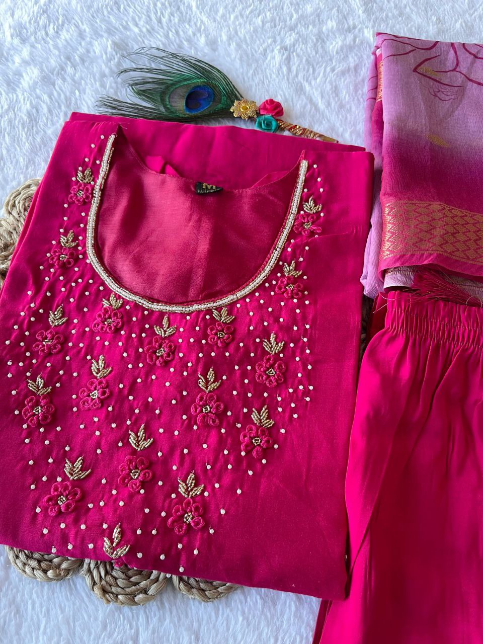 Appealing Rani Pink Roman Silk Handworked Kurta Pant Dupatta Set - INDIAN ELEGANCE