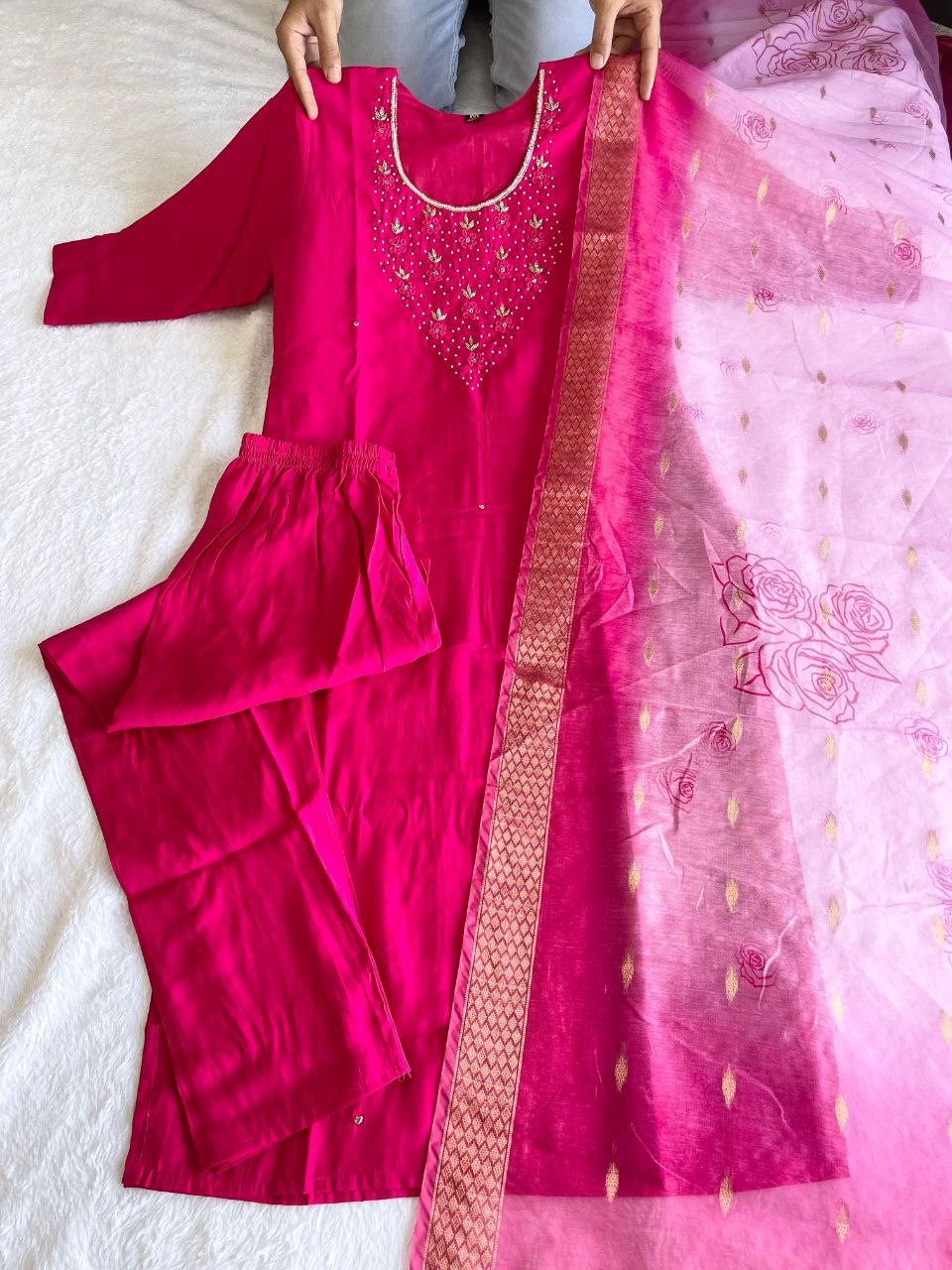 Appealing Rani Pink Roman Silk Handworked Kurta Pant Dupatta Set - INDIAN ELEGANCE