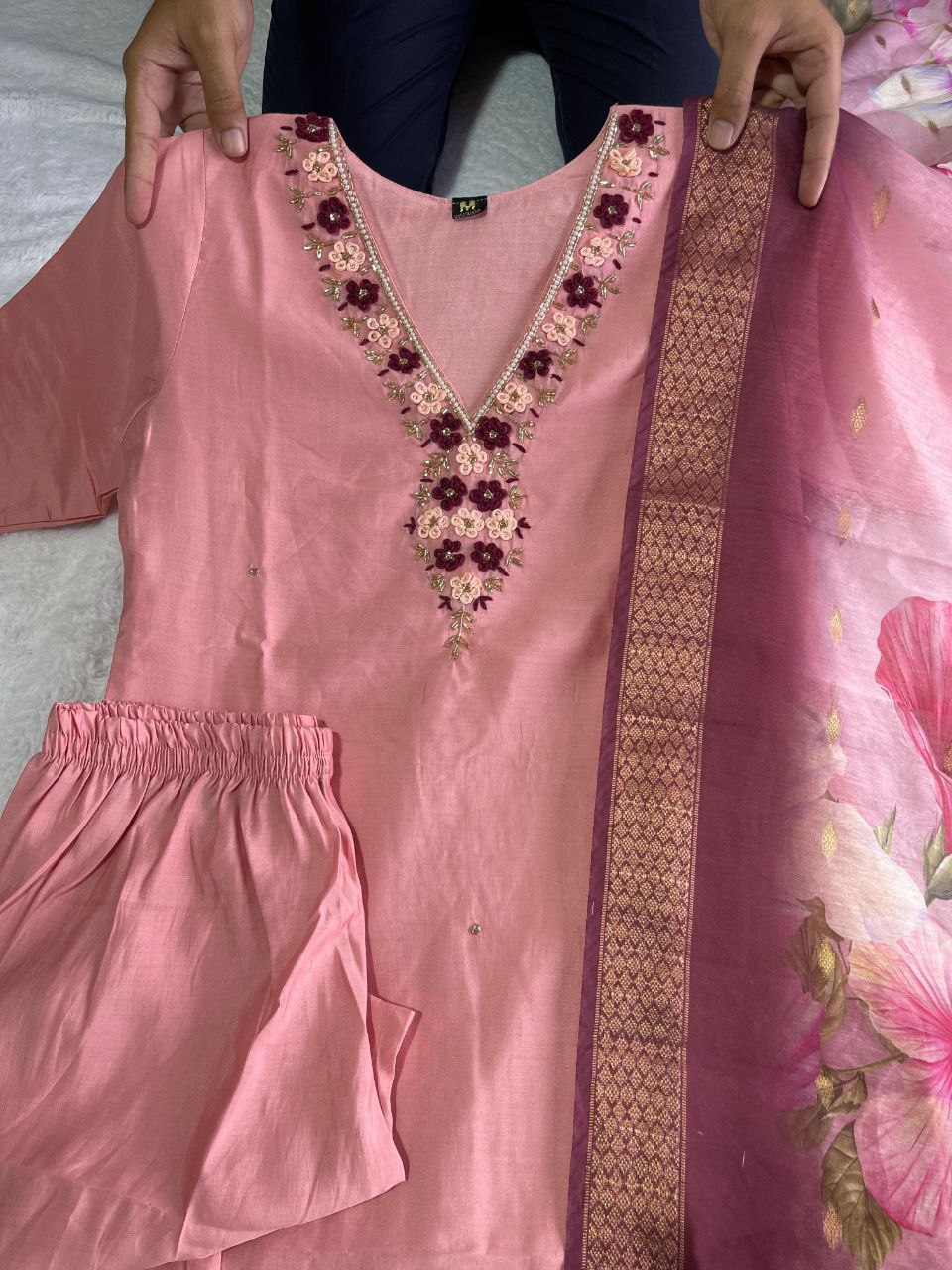 Beguiling Peach Roman Silk Handworked Kurta Pant Dupatta Set - INDIAN ELEGANCE