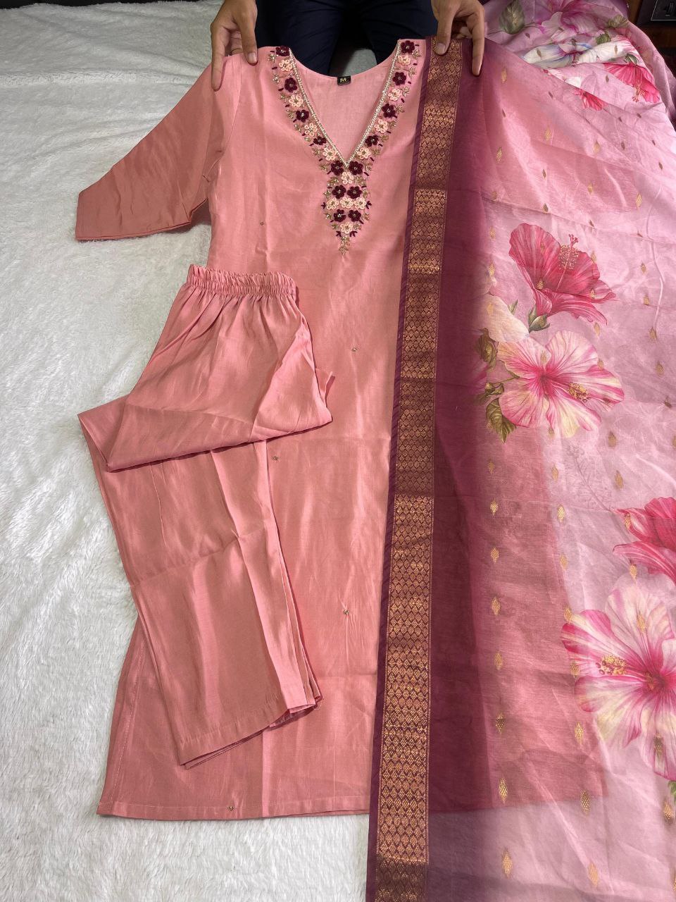 Beguiling Peach Roman Silk Handworked Kurta Pant Dupatta Set - INDIAN ELEGANCE