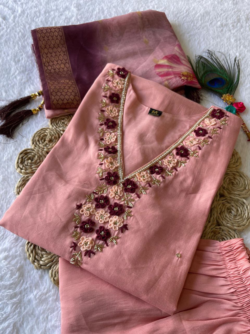 Beguiling Peach Roman Silk Handworked Kurta Pant Dupatta Set - INDIAN ELEGANCE