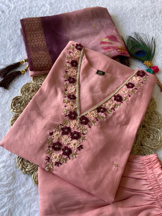Beguiling Peach Roman Silk Handworked Kurta Pant Dupatta Set - INDIAN ELEGANCE