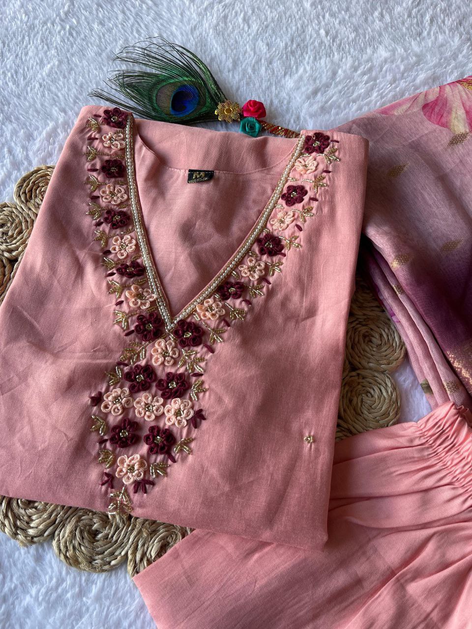 Beguiling Peach Roman Silk Handworked Kurta Pant Dupatta Set - INDIAN ELEGANCE