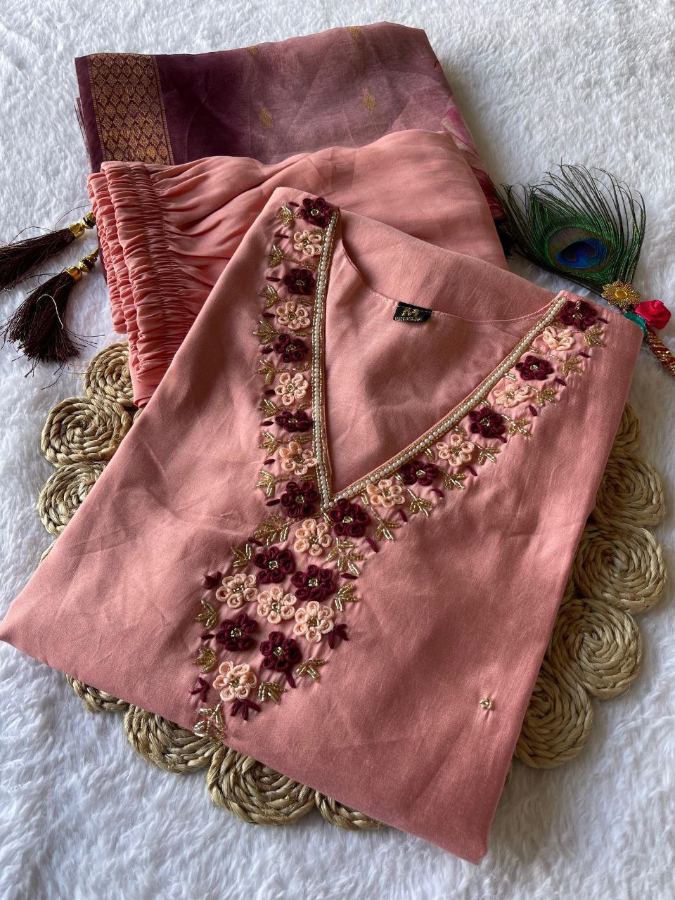 Beguiling Peach Roman Silk Handworked Kurta Pant Dupatta Set - INDIAN ELEGANCE