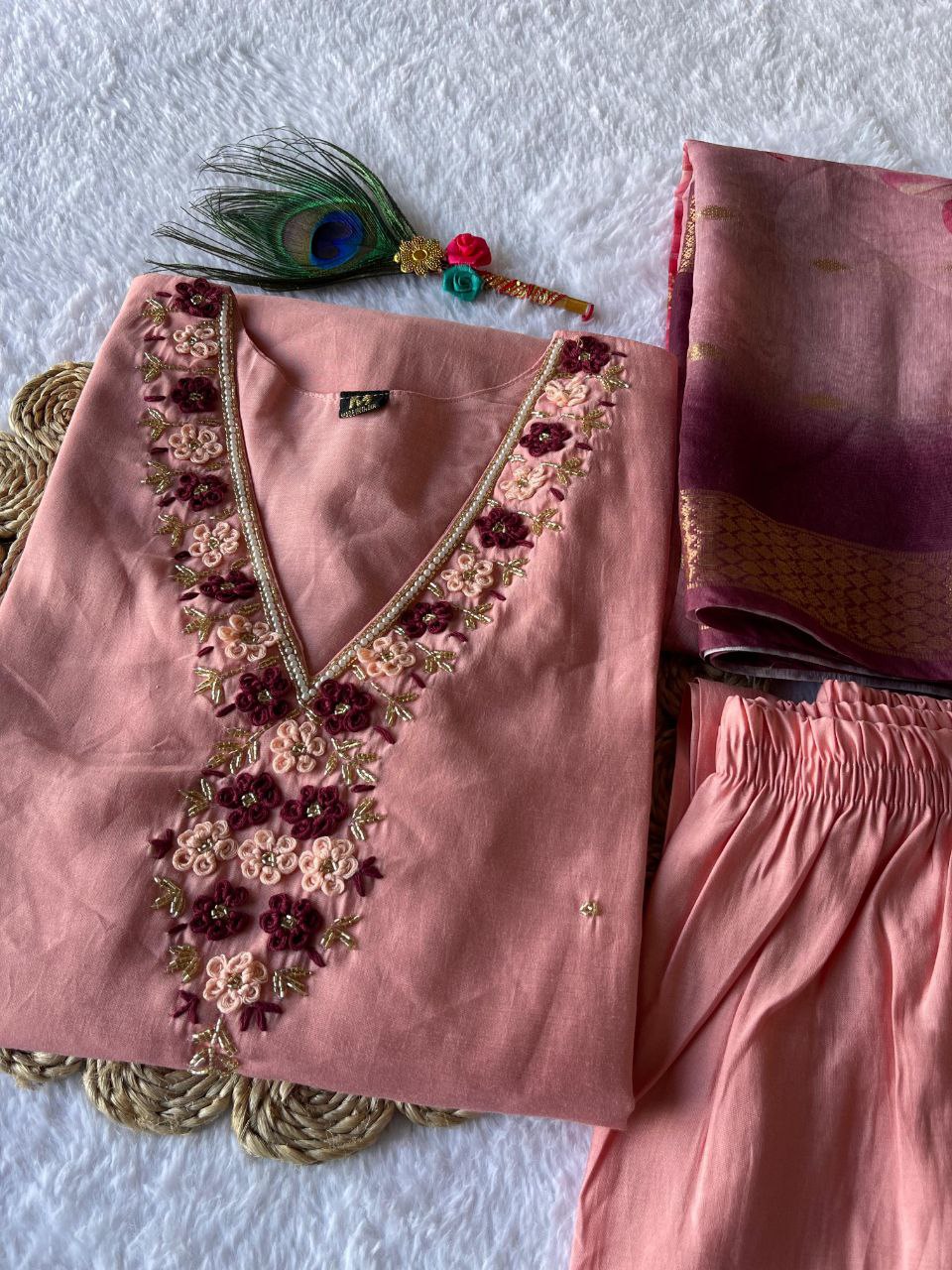 Beguiling Peach Roman Silk Handworked Kurta Pant Dupatta Set - INDIAN ELEGANCE
