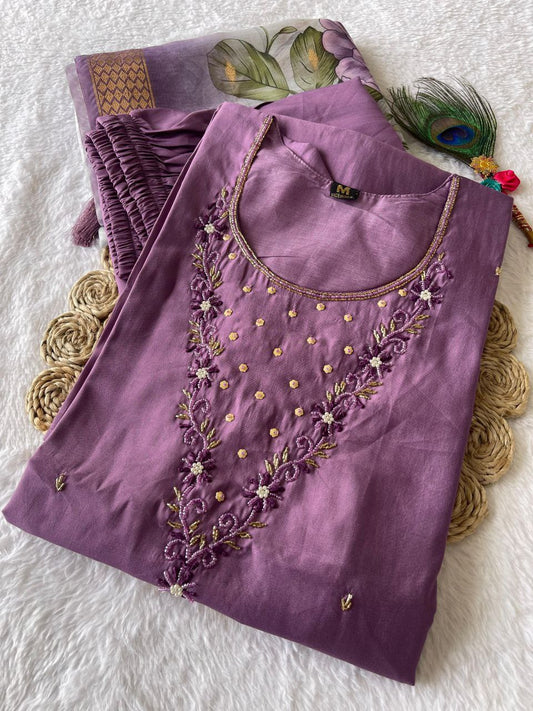 Elegant Magenta Roman Silk Handworked Kurta Pant Dupatta Set - INDIAN ELEGANCE