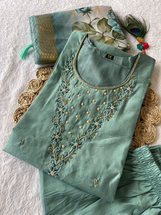 Comely Teal Roman Silk Handworked Kurta Pant Dupatta Set - INDIAN ELEGANCE