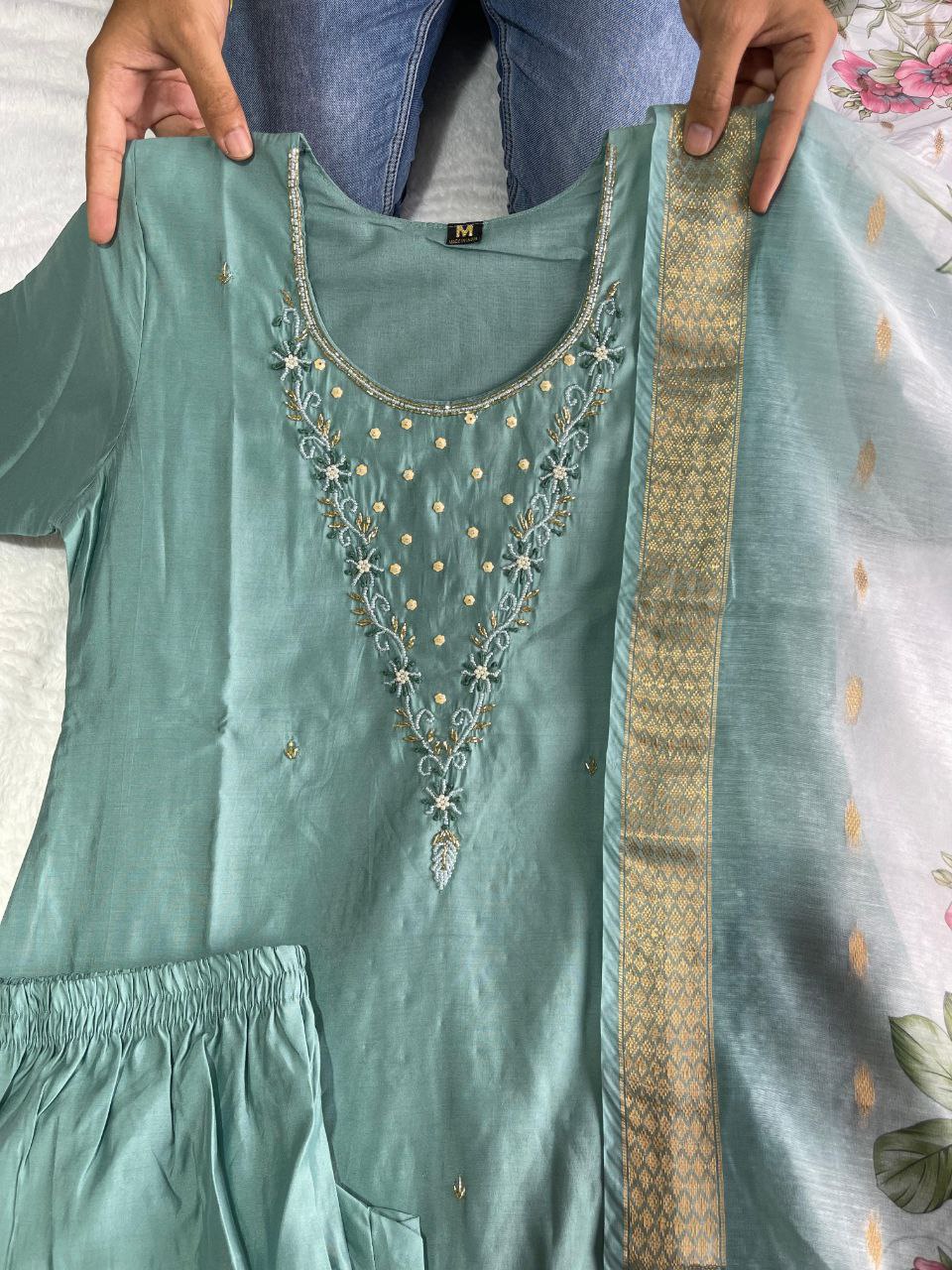 Comely Teal Roman Silk Handworked Kurta Pant Dupatta Set - INDIAN ELEGANCE