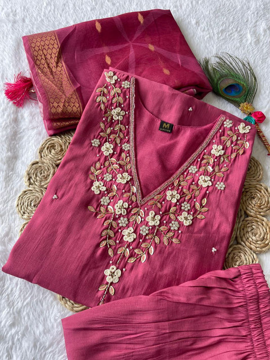 Graceful Rouge Roman Silk Handworked Kurta Pant Dupatta Set - INDIAN ELEGANCE