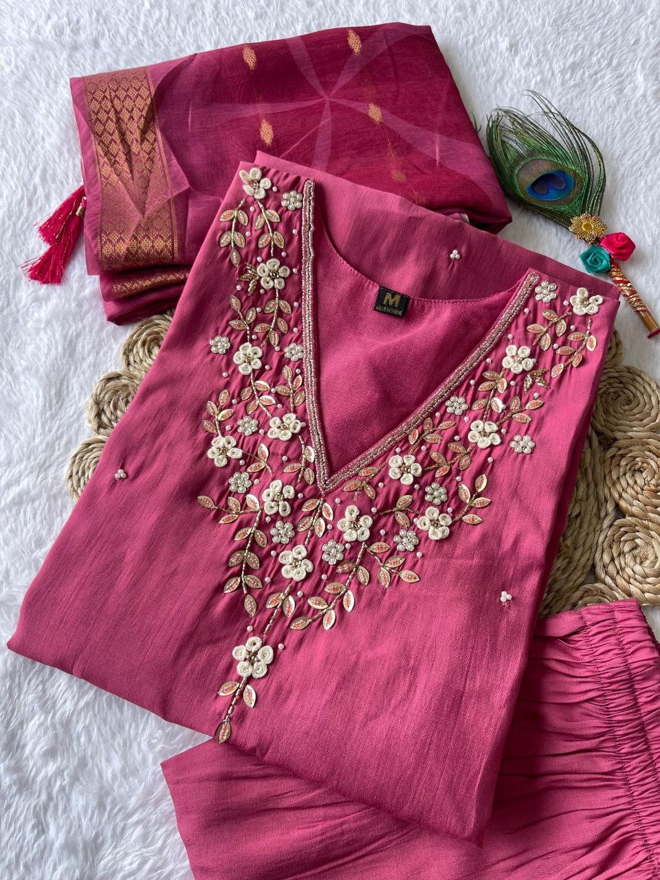 Graceful Rouge Roman Silk Handworked Kurta Pant Dupatta Set - INDIAN ELEGANCE