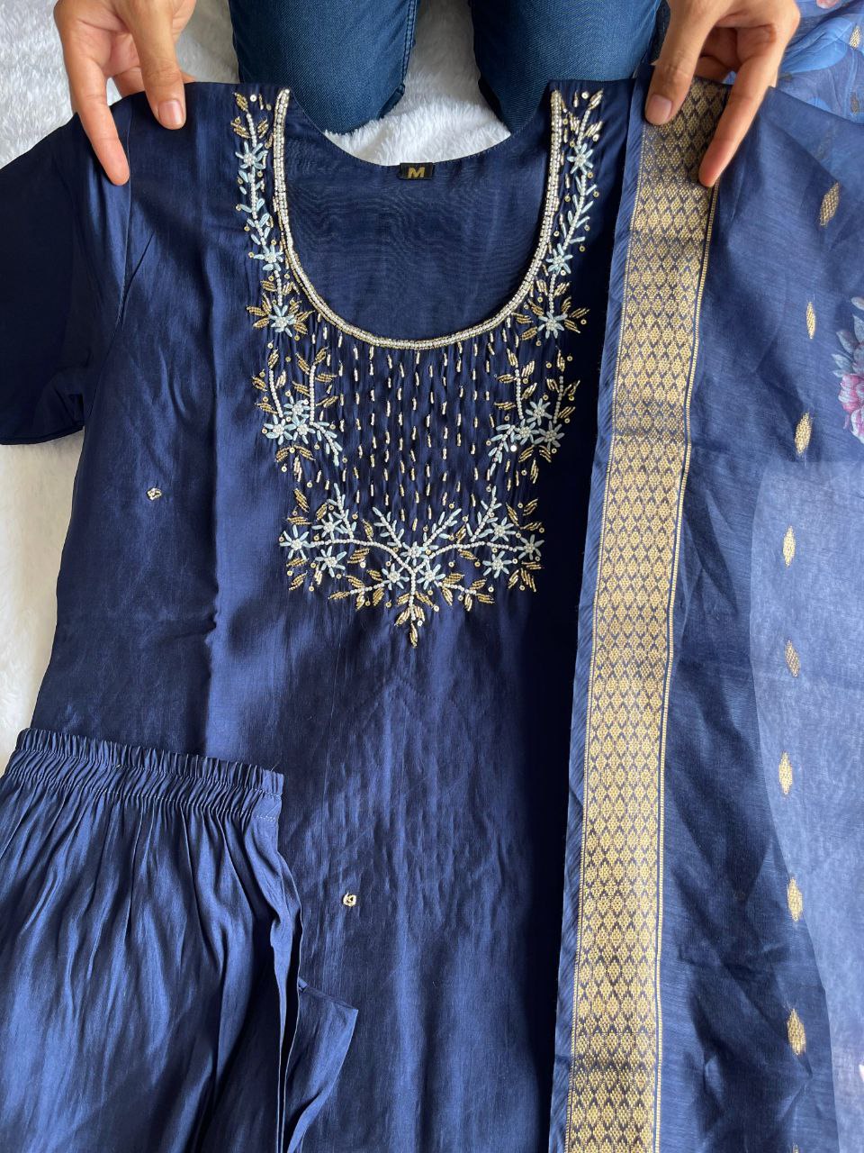 Bewitching Navy Blue Roman Silk Handworked Kurta Pant Dupatta Set - INDIAN ELEGANCE