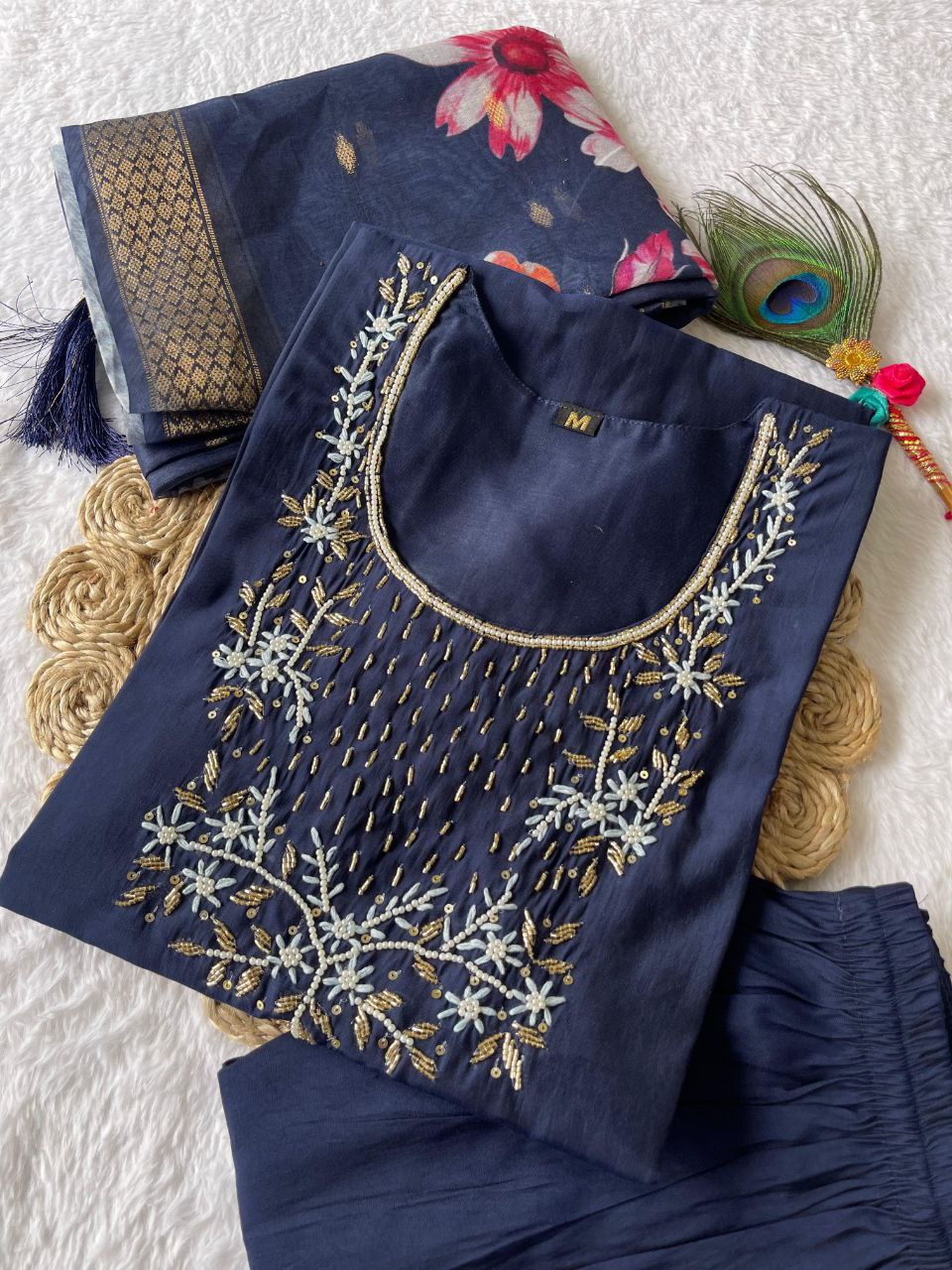 Bewitching Navy Blue Roman Silk Handworked Kurta Pant Dupatta Set - INDIAN ELEGANCE