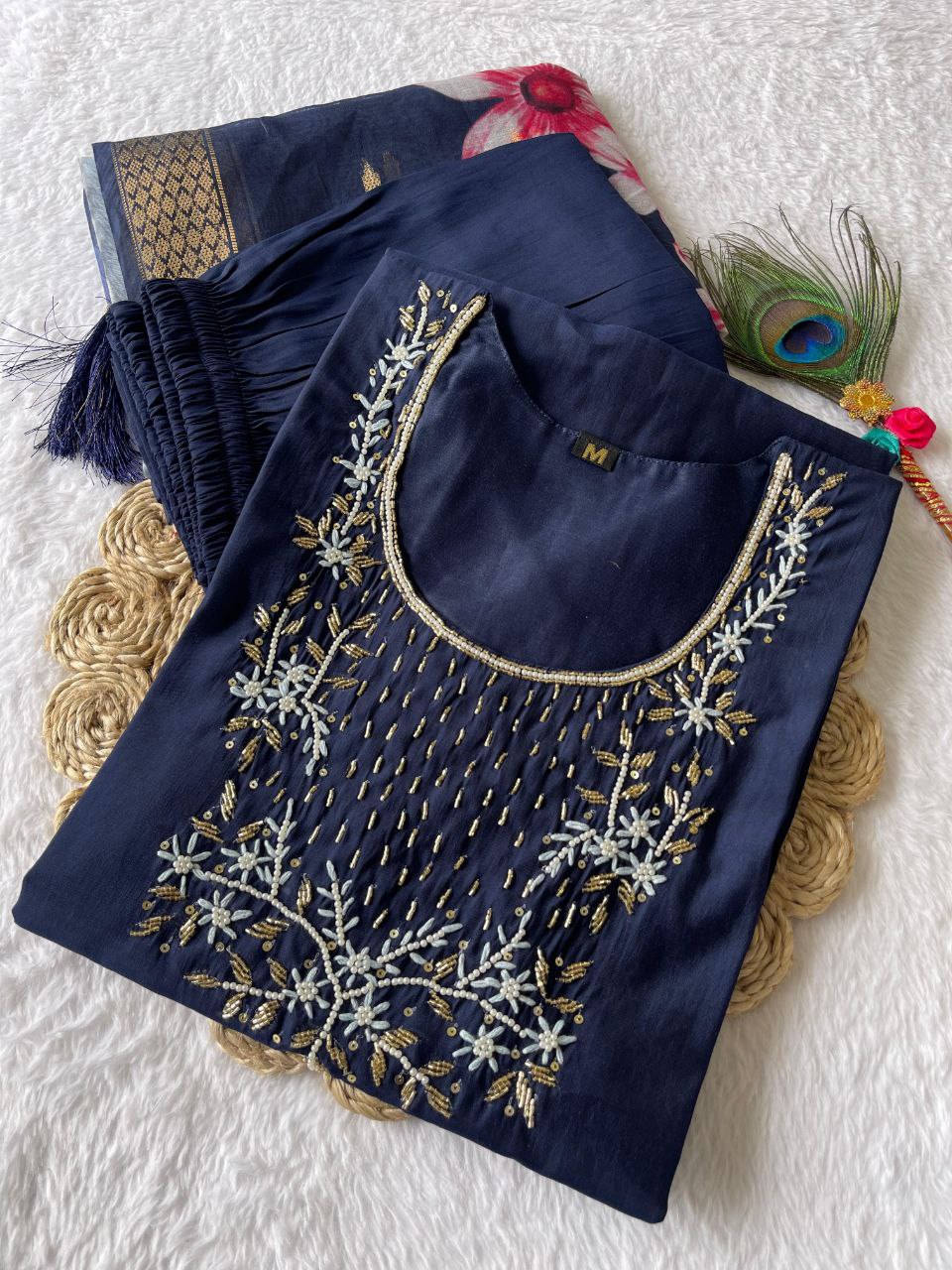 Bewitching Navy Blue Roman Silk Handworked Kurta Pant Dupatta Set - INDIAN ELEGANCE