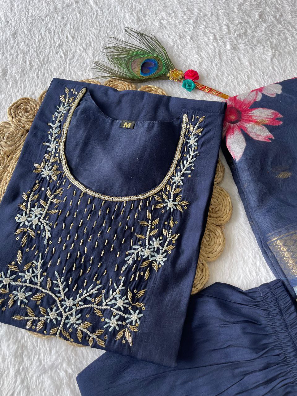 Bewitching Navy Blue Roman Silk Handworked Kurta Pant Dupatta Set - INDIAN ELEGANCE