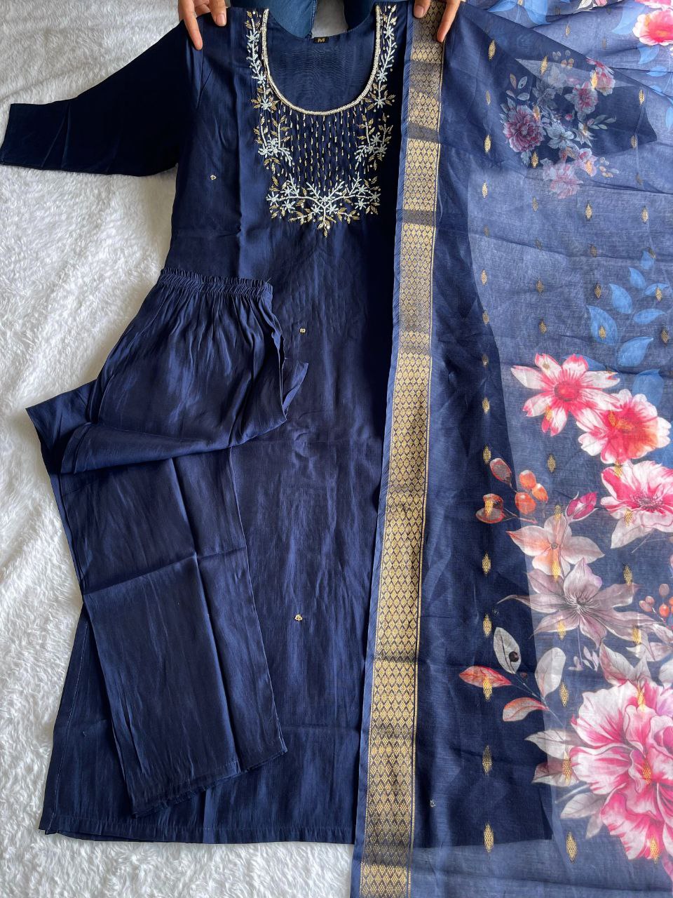 Bewitching Navy Blue Roman Silk Handworked Kurta Pant Dupatta Set - INDIAN ELEGANCE