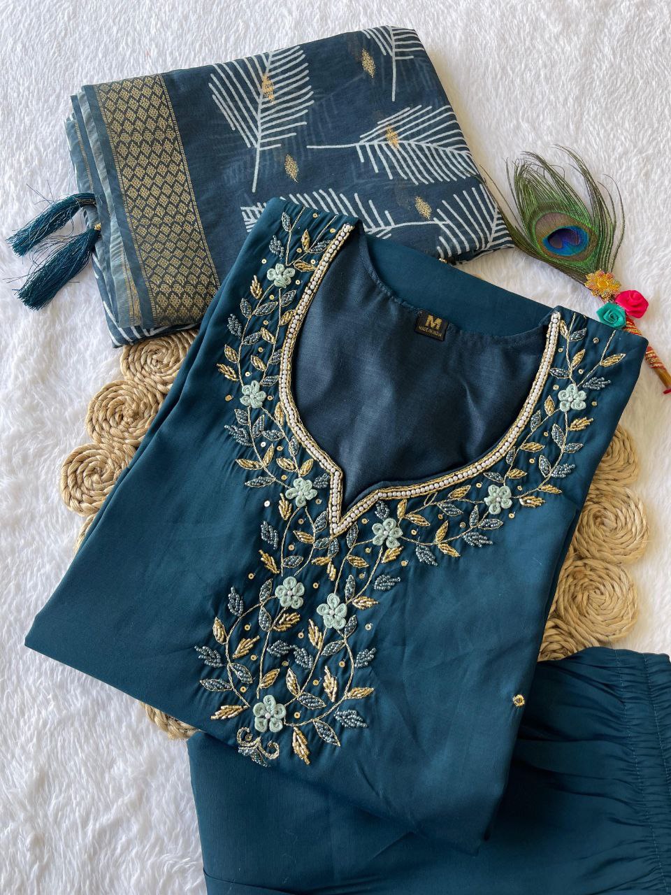 Fetching Dark Peacock Roman Silk Handworked Kurta Pant Dupatta Set - INDIAN ELEGANCE