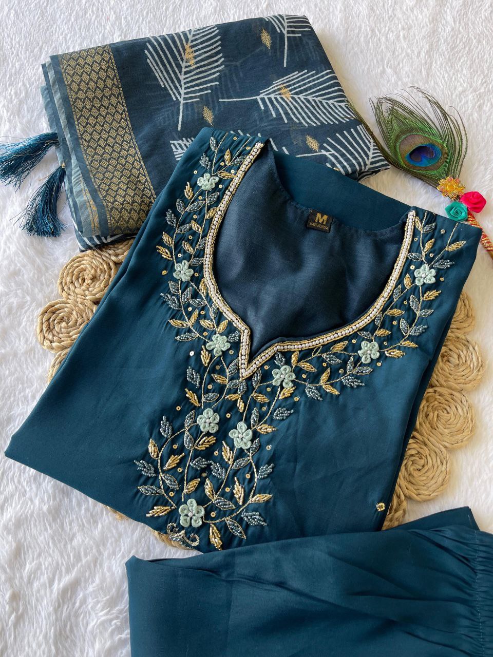 Fetching Dark Peacock Roman Silk Handworked Kurta Pant Dupatta Set - INDIAN ELEGANCE