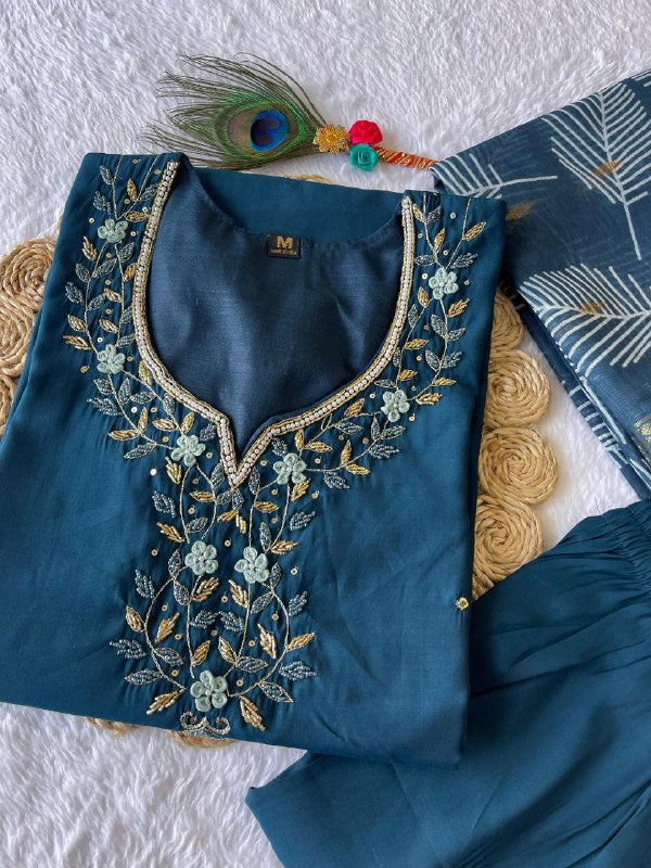 Fetching Dark Peacock Roman Silk Handworked Kurta Pant Dupatta Set - INDIAN ELEGANCE