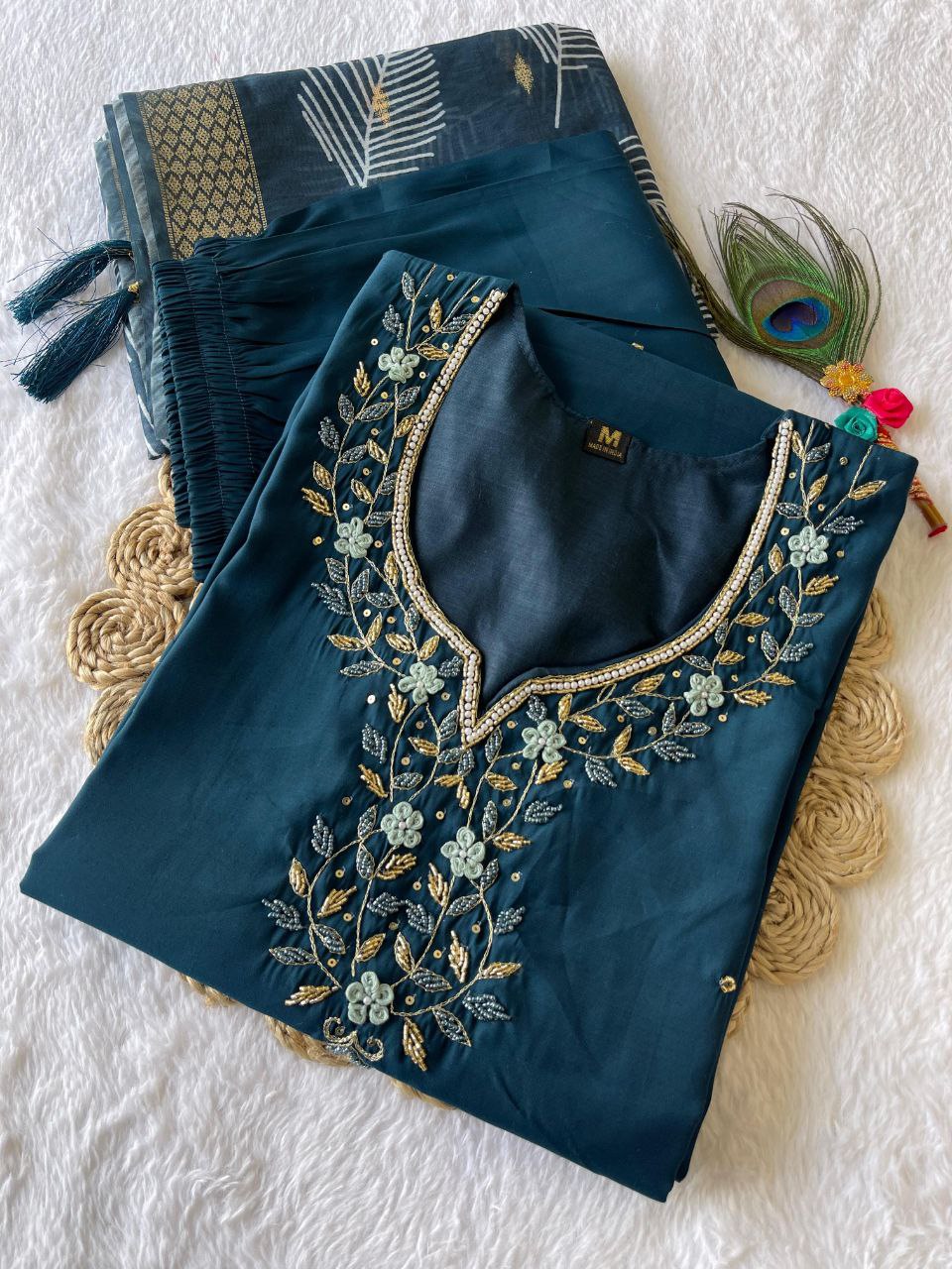 Fetching Dark Peacock Roman Silk Handworked Kurta Pant Dupatta Set - INDIAN ELEGANCE