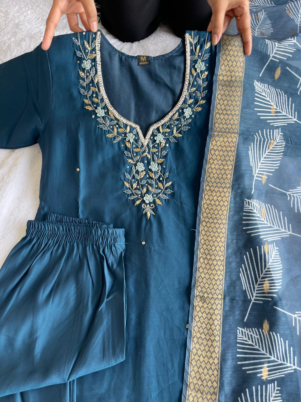 Fetching Dark Peacock Roman Silk Handworked Kurta Pant Dupatta Set - INDIAN ELEGANCE