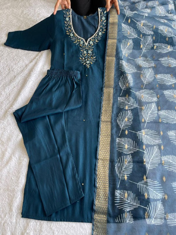 Fetching Dark Peacock Roman Silk Handworked Kurta Pant Dupatta Set - INDIAN ELEGANCE