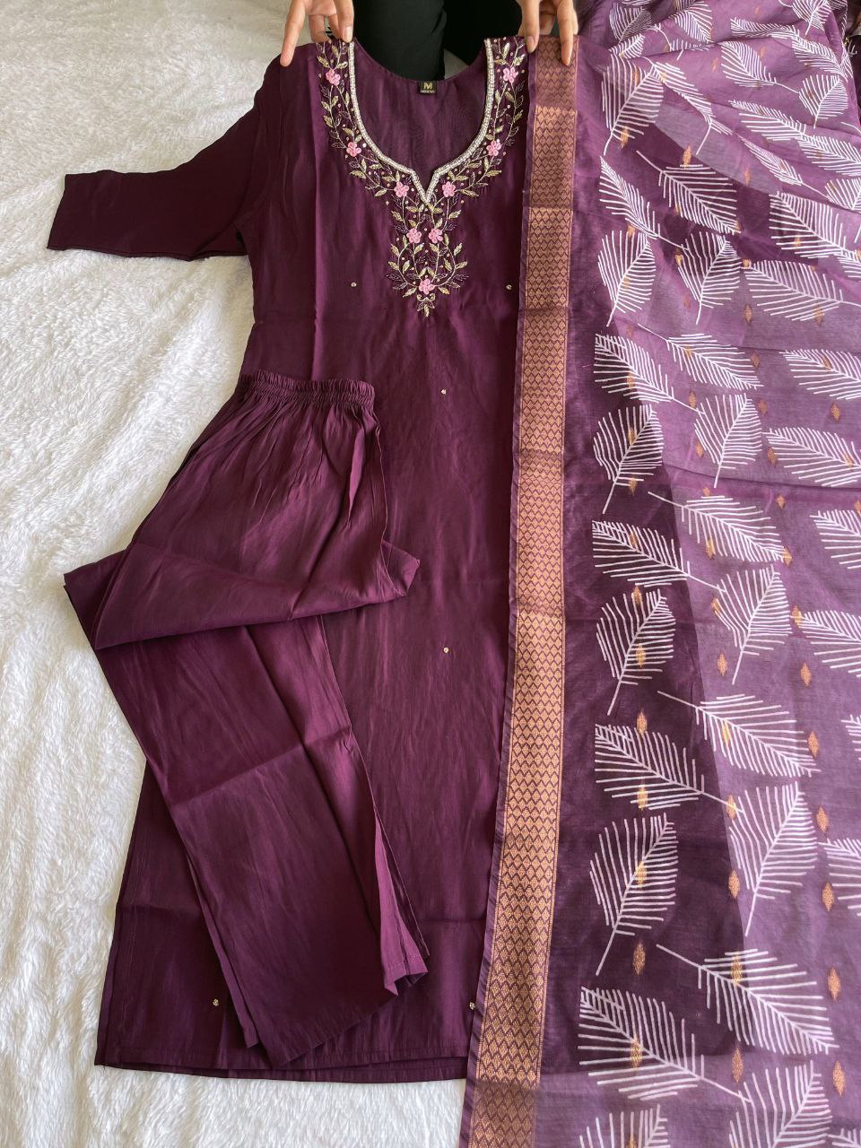 Arresting Wine Roman Silk Handworked Kurta Pant Dupatta Set - INDIAN ELEGANCE