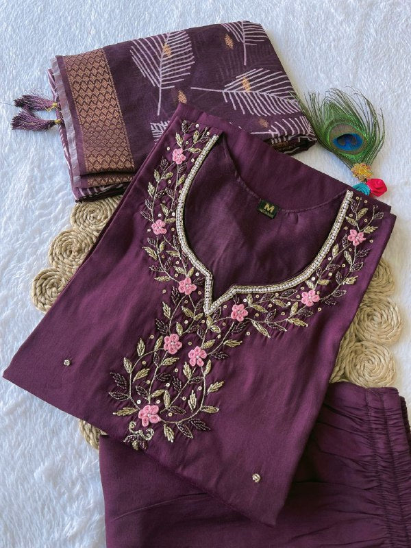 Arresting Wine Roman Silk Handworked Kurta Pant Dupatta Set - INDIAN ELEGANCE