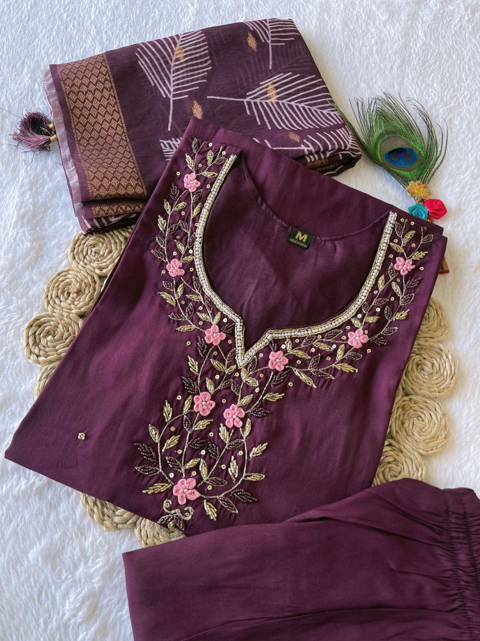 Arresting Wine Roman Silk Handworked Kurta Pant Dupatta Set - INDIAN ELEGANCE